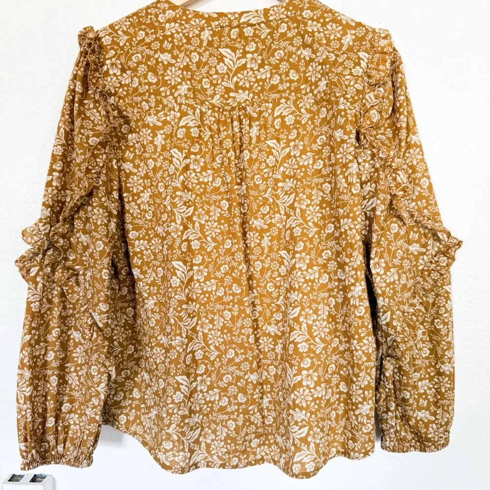 J. Crew Mustard Floral Puff Sleeve Cotton Blouse Boho Ruffle Top S